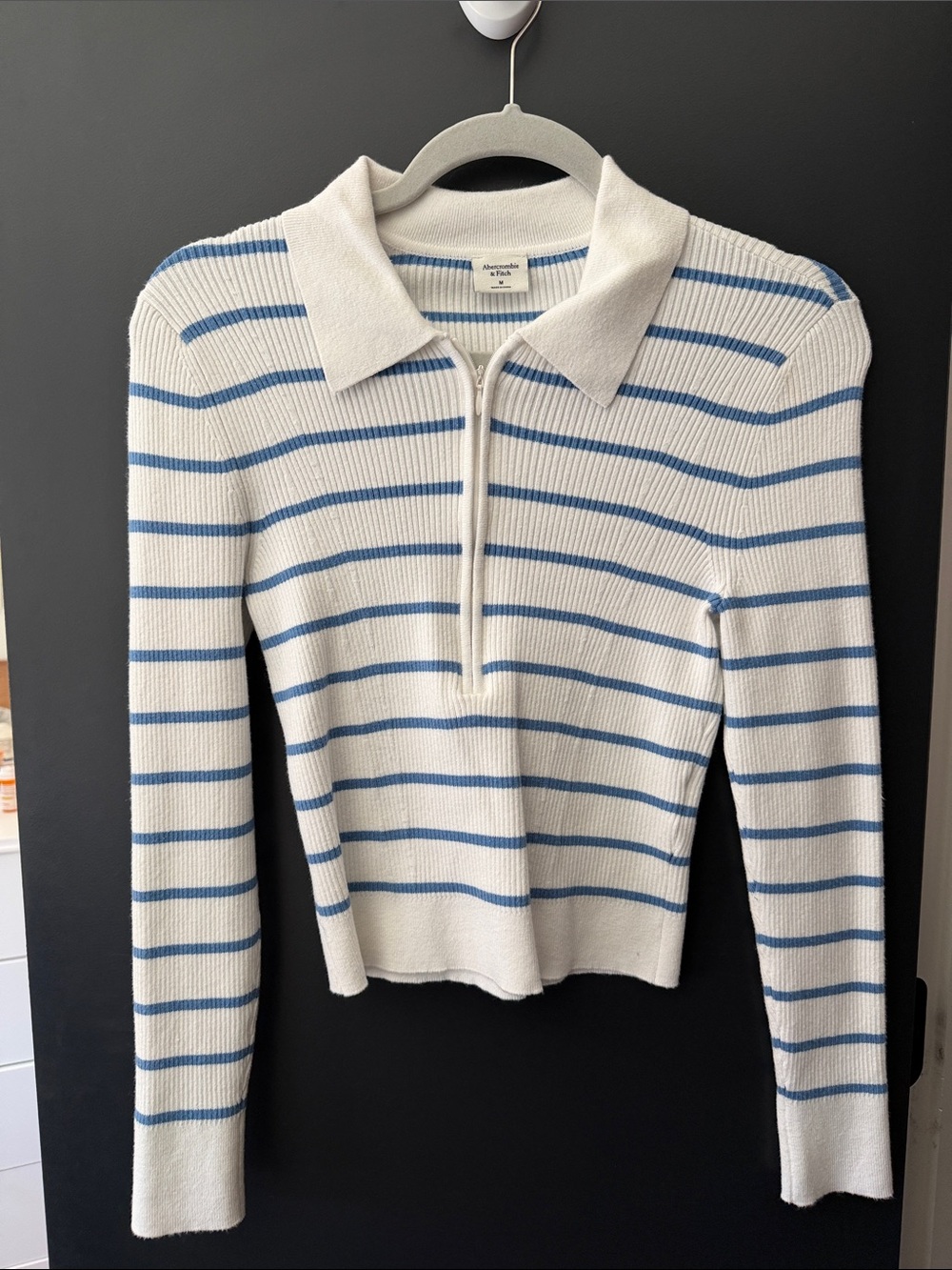 Striped Knit Polo Sweater — White & Blue